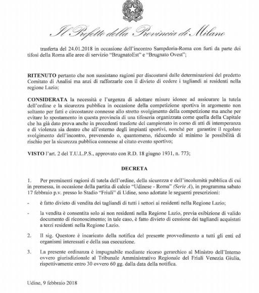 La nota del Prefetto di Udine che vieta la vendita dei tagliandi di Udinese-Roma ai residenti nella Regione Lazio